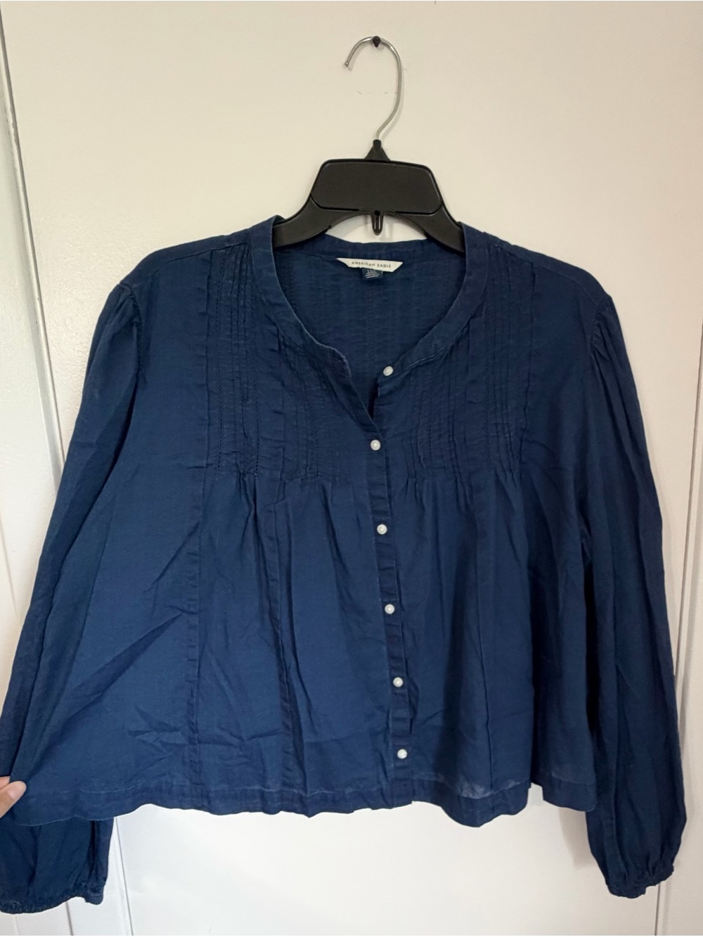 American Eagle Outfitters Navy Pintuck Button-Front Peasant Blouse